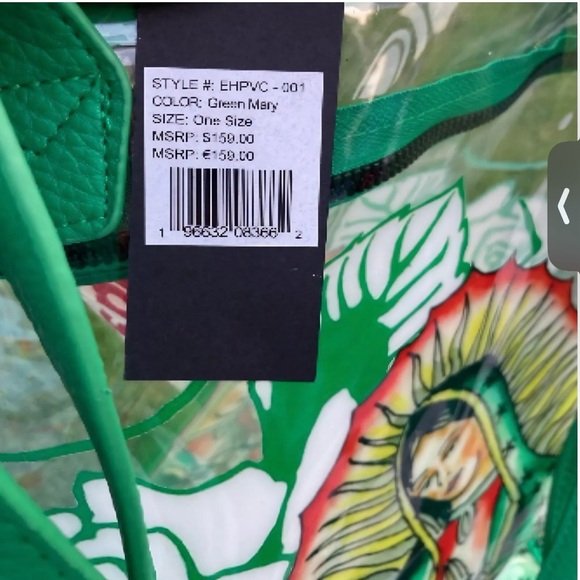 NWT Ed Hardy Virgin de Guadalupe Clear Floral Tote Bag $159 Green - Picture 3 of 7